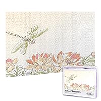 Dragonfly Theme,500PCS Wooden Picture Puzzle for Adults,Flower Field Winged Dragonfly Flying,High Resolution, Matte Finish,Smooth Edging,Cream Peach(Horizontal)
