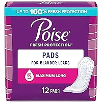 Poise Incontinence Pads & Postpartum Incontinence Pads, 5 Drop Maximum Absorbency, Long Length, 12 Count, Packaging May Vary