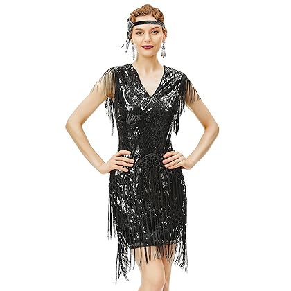 BABEYOND 1920s Flapper Dress Long Fringed Gatsby Dress Roaring 20s Sequins Beaded Dress Vintage Art Deco Dress