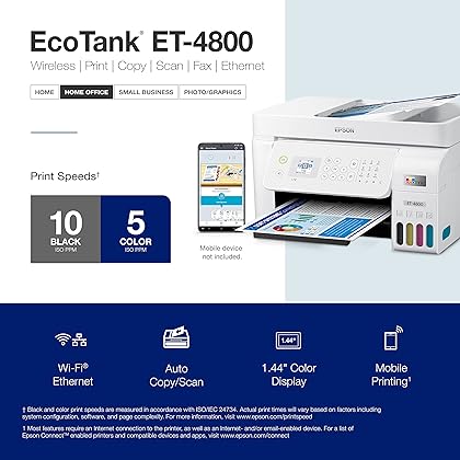 Epson EcoTank ET-4800 Wireless All-in-One Cartridge-Free Supertank Printer with Scanner, Copier, Fax, ADF and Ethernet. Full 1-Year Limited Warranty (Renewed Premium),White