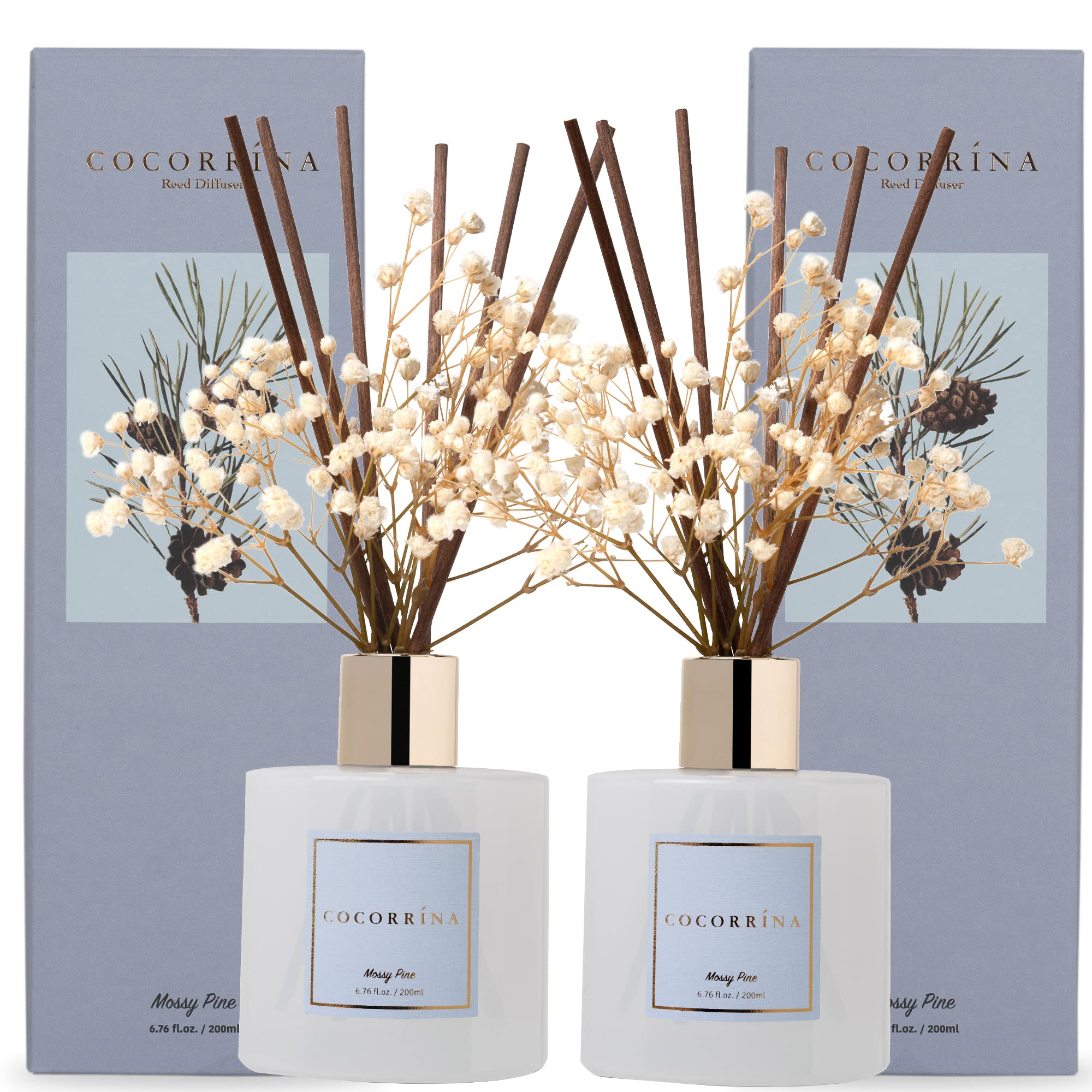 Cocorrína Clean Linen Reed Diffuser Set w Preserved Baby's Breath