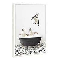 Kate and Laurel Sylvie Beaded Penguins in Black and White Stencil Bath Framed Canvas Wall Art by Amy Peterson Art Studio, 18x24 White, Modern Cute Animal Bathtub Art for Wall