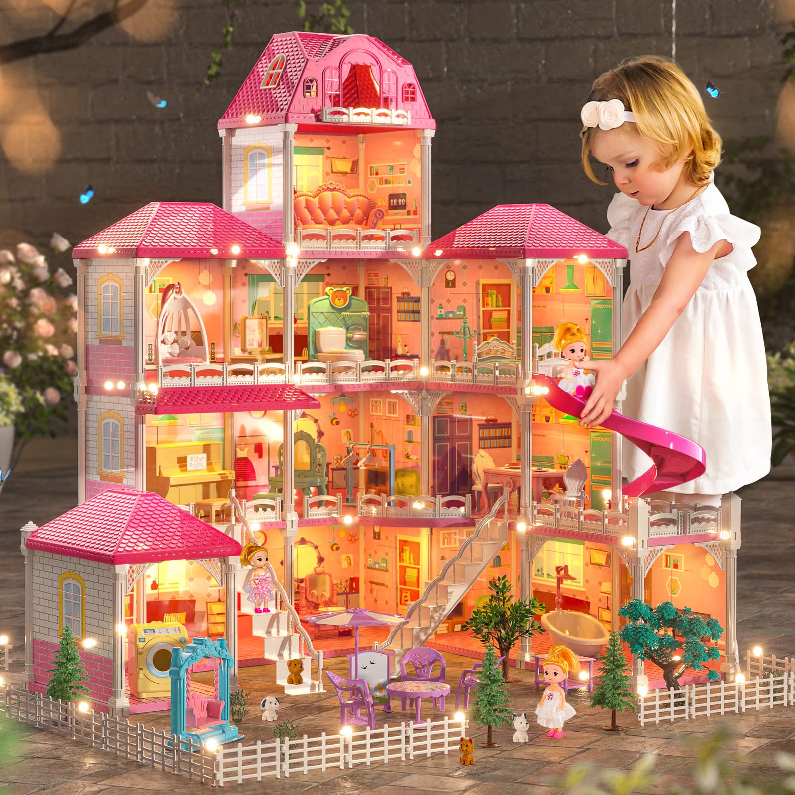 TEMI Doll House Dreamhouse for Girls,Boys - 4-Story 12 Rooms Playhouse with 2 Dolls Toy Figures, Fully Furnished Fashion Dollhouse, Play House with Accessories, Gift Toy for Kids Ages 3 4 5 6 7 8+