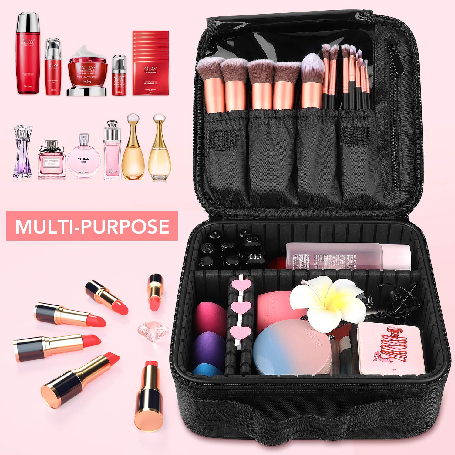 Makeup Travel Case, Makeup Case with DIY Adjustable Divider Cosmetic Train Bag 10.3