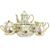 29-pc Tea Cup Coffee Set Vintage Floral Pattern, 24K Gold Plated Complete Service for 12 - Original Czech Tableware
