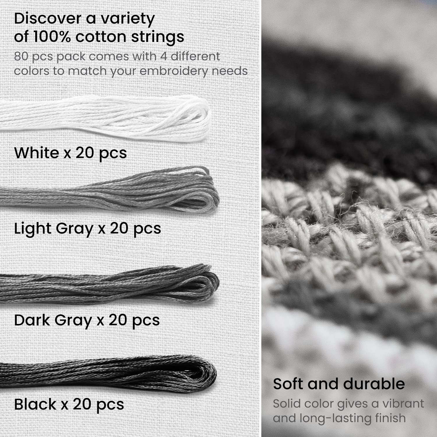 Arteza Embroidery Thread, 80 Skeins of Embroidery Floss, 20 Each of Black, White, Dark Gray, & Light Gray, 100% Mercerized Cotton Friendship Bracelet String, Cross Stitch Supplies, 700 Yards per Pack