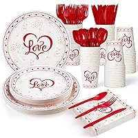 215 Pcs Valentine's Day Party Supplies, Heart Love Design Decorations Paper Plates and Napkins, Disposable Tableware Set for Valentine's Day and Wedding, Serve 25