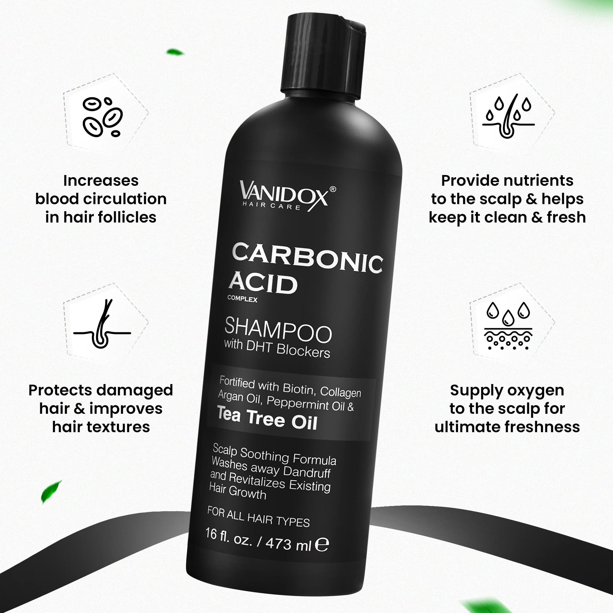VANIDOX Carbonic Acid Shampoo for Men and Women - Made in USA - Stimulates Hair Growth, Scalp Exfoliator with DHT Blockers, Biotin and Tea Tree Oil (16 Fl Oz)