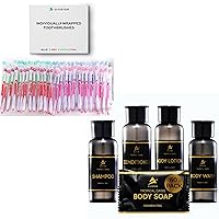 Bulk Travel & Hospitality Essentials Bundle - 24 Medium Bristle Toothbrushes & 300 Travel-Sized Toiletries for Hotels, Airbnb, Relief Missions - 60 Conditioner 60 Body Wash 60 Lotion 60 Soap Bars