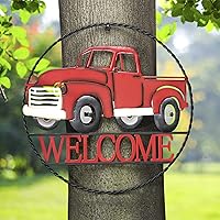 Metal Truck Welcome Sign Wall Hanging Outdoor Decorations for Patio and Garden, 20-Inch, Red