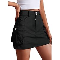 Women's Skorts Cargo Skirt Mini Y2K Skirt with 4 Pockets Elastic Waist Button Bodycon Denim Skirts Shorts for Women