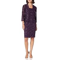 S.L. Fashions Women's Tea Length Sequin Lace Dress with Illusion Sleeve Jacket
