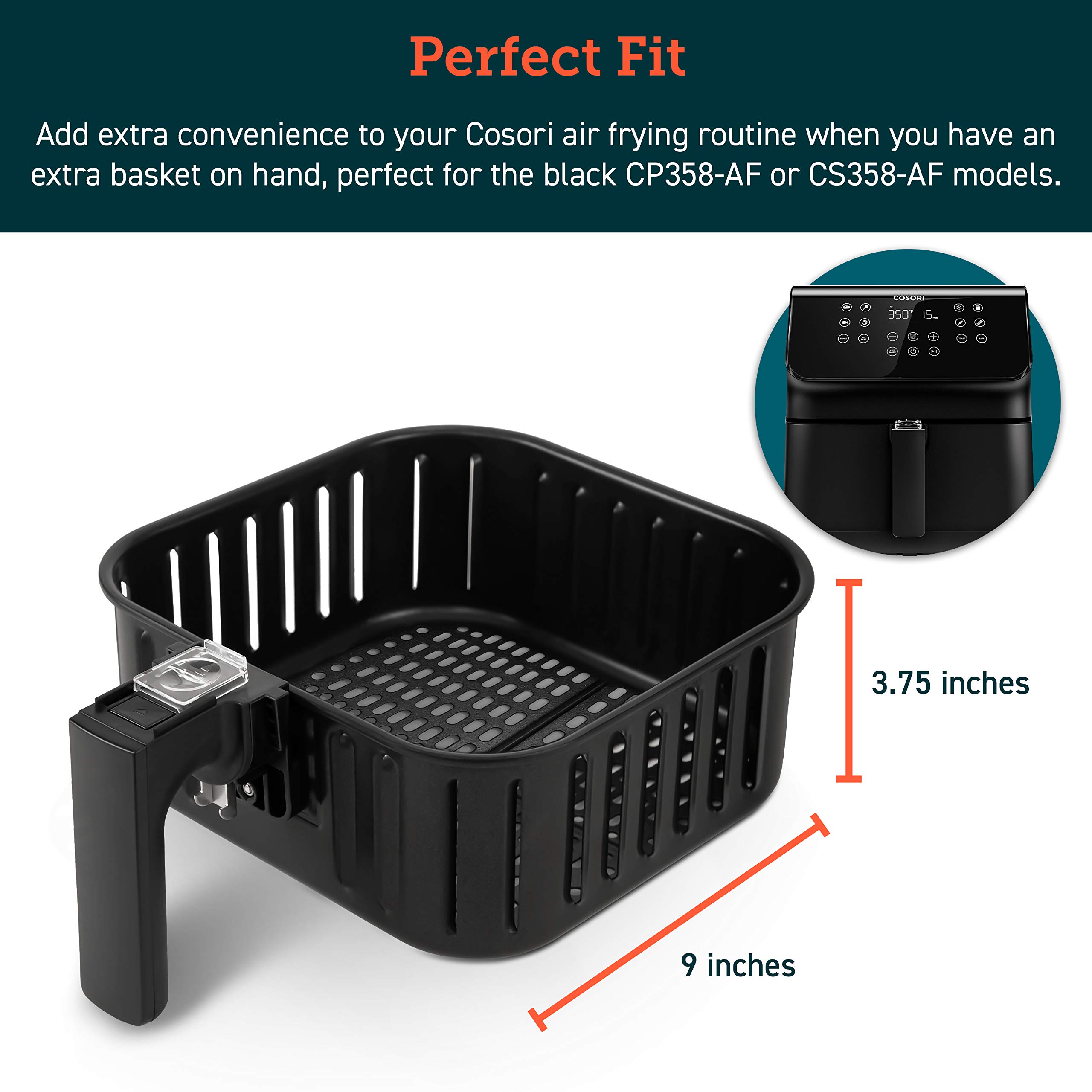 COSORI Air Fryer Accessories, Replacement 5.8QT Original Basket For COSORI CP358-AF, CS358-AF Air Fryers, Non-Stick, Dishwasher-Safe, CAF-P582B, Black