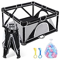 ANGELBLISS Baby Playpen, Foldable Playpen for Babies and Toddlers, Indoor & Outdoor Baby Activity Center with Visible Breathable Mesh, Portable Play Yard with 2 Handlers+50 Balls-50”×50”(Black)