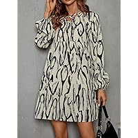 Women's Dress Dresses for Women Allover Print Tie Neck Smock Dress (Color : Apricot, Size : Small)