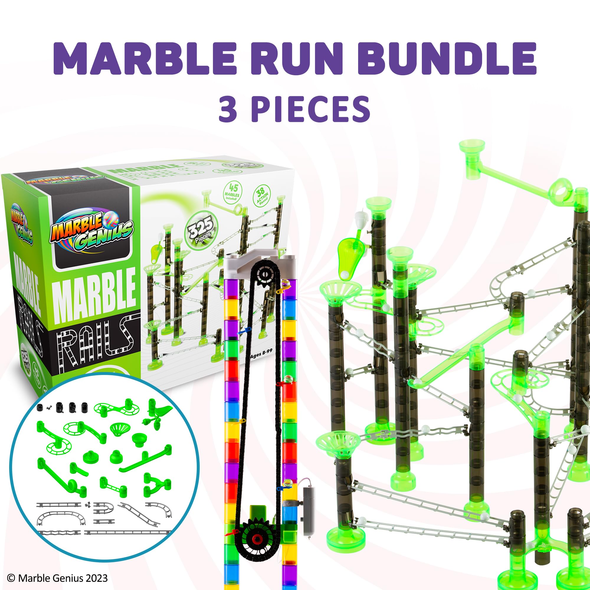 Marble Genius Bundle: Marble Rails Super Set (325 Pieces), Automatic Chain Lift, Marble Rails Booster Set (30 Pieces), Endless Fun, and Creativity, Experience The Thrills of Marble Racing