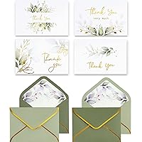 Winoo Design 100 PK Luxurious Gold Thank You Cards with Envelopes Bulk Sage Green - 5x3.5 Inches Wedding Thank You Notes Baby Shower Greenery Bridal Shower Small Business