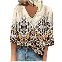 3/4 Sleeves Tees Cute Floral Shirts for Woman Sexy V Neck Blouse Casual Loose Fit Tunic Tops Vintage Graphic Tees