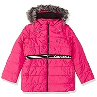 Calvin Klein Girls' Heavyweight Hooded Winter Puffer Jacket with Fleece Lining, Rasberry Logo Waist, 12-14