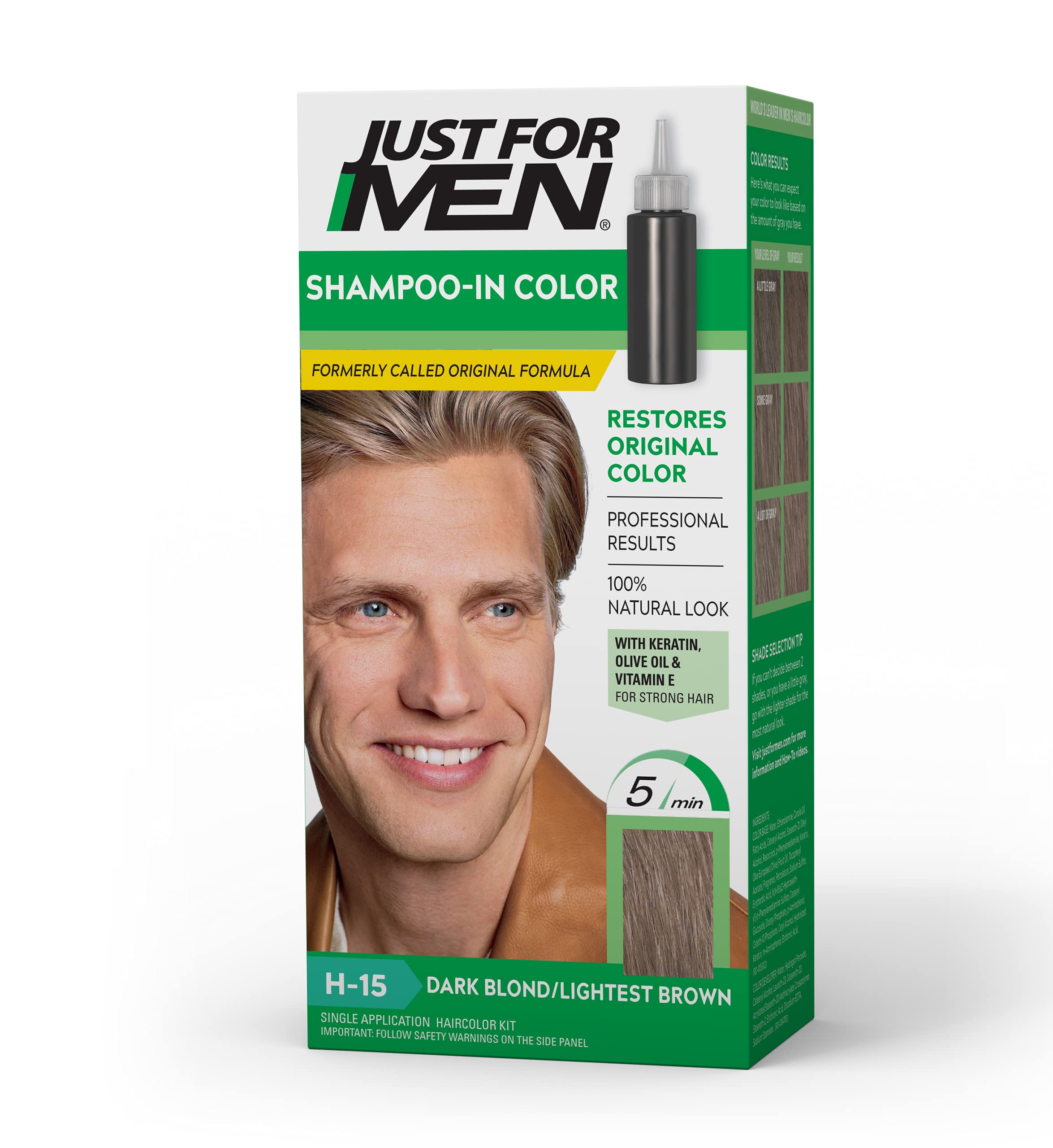 Just For Men Shampoo-In Color (Formerly Original Formula), Mens Hair Color with Keratin and Vitamin E for Stronger Hair - Dark Blond/Lightest Brown, H-15, Pack of 1