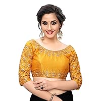 TreegoArt Women's Embroidered Indian Ethnic Phantom Silk Readymade Blouse With Round Neck -(BL-20038-Yellow)