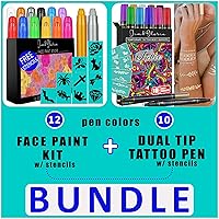 Jim&Gloria Washable Face Paint Kit with Gold And Silver 12 Large Colors + Body Art Tattoo Pen 10 Colors With Gold and Silver Fake Tattoos Brush Temporary Tattoo Kit
