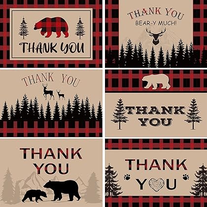 Xuniea Bear Lumberjack Thank You Cards with Envelopes Lumberjack Baby Shower Thank You Cards Woodland Baby Shower Thank You Notes Bear Themed Supplies Thank You Cards 6 x 4 Inch for Party Weeding (24)