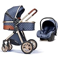 3 in 1 Baby Travel System Infant Baby Stroller Pushchair High Landscape Reversible Foldable Portable Stroller Newborn Pram Reclining Baby Carriage (Blue)