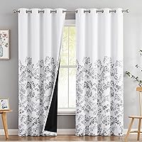 Metro Parlor Grey White Full Blackout Country Curtains 84 Inches Long for Bedroom Living Room, Floral Pattern Printed Window Treatments, Grommet Top Thermal Insulated Drapes 52
