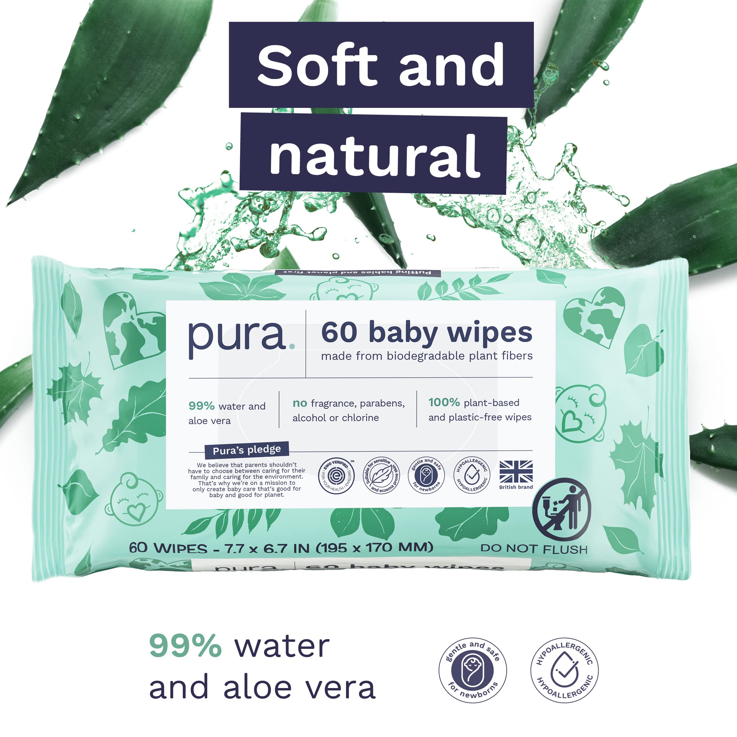 Pura Baby Wipes 100% Plastic-Free & Plant Based Wipes, 99% Water, Suitable for Sensitive & Eczema-prone Skin, Fragrance Free & Hypoallergenic, EWG, Cruelty Free, 3 x 60 per pack, (180 Wipes)