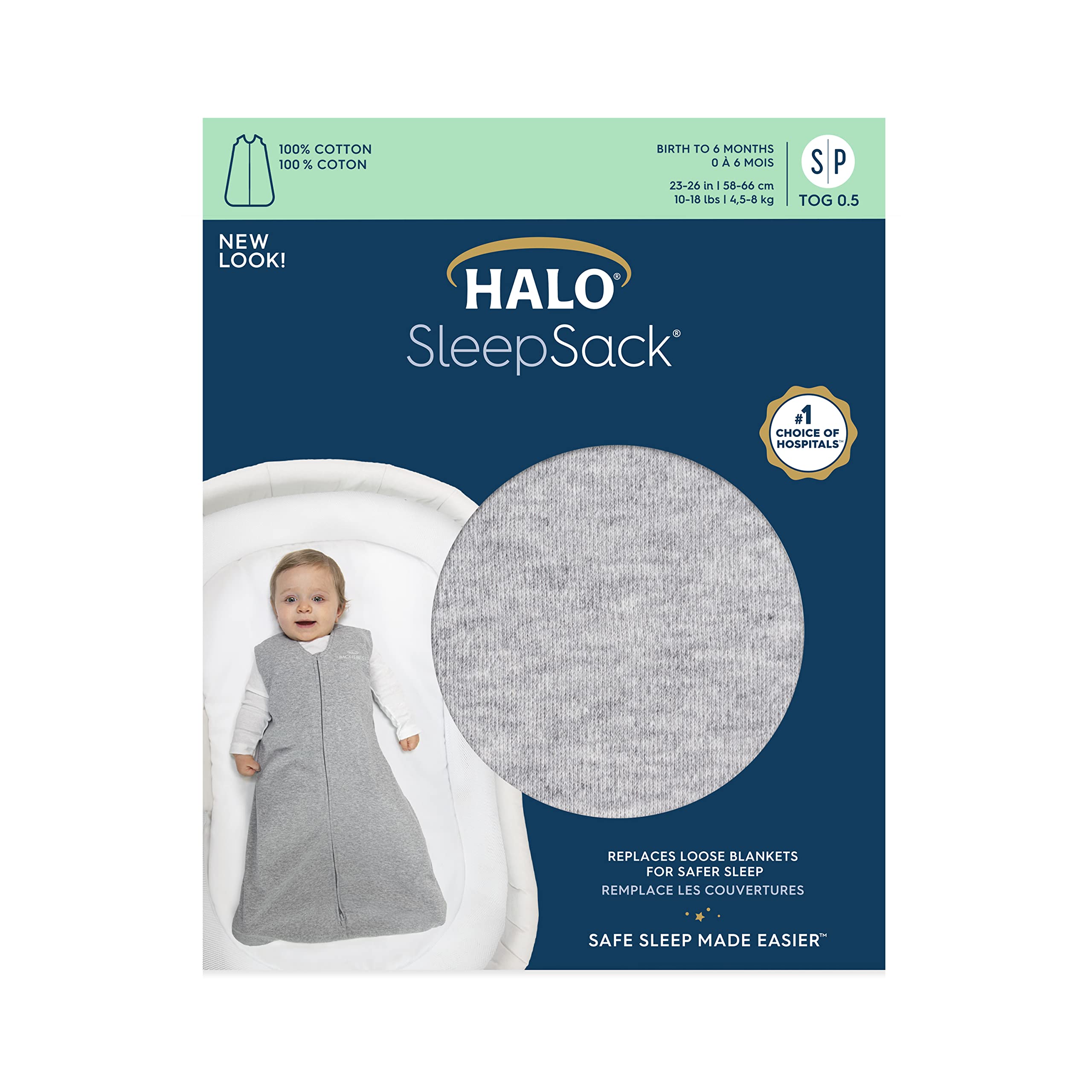 HALO Sleepsack, 100% Cotton Wearable Blanket, Swaddle Transition Sleeping Bag, TOG 0.5, Heather Grey, X-Large