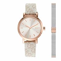 DKNY Women's Soho Quartz Fabric and Stainless Steel Mesh Dress Watch, Color: Ivory & Silver (Model: NY6605SET)