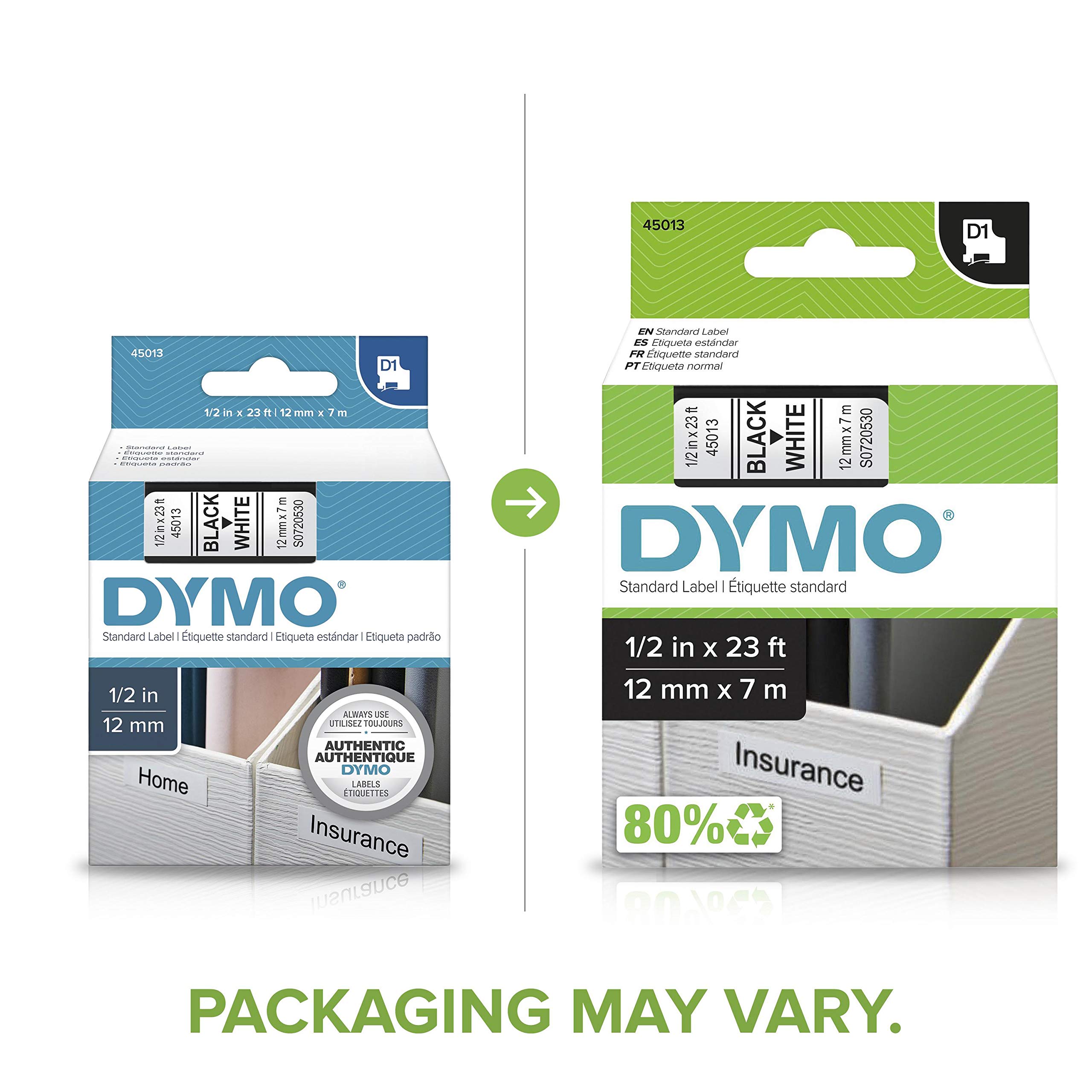 DYMO Standard D1 Labeling Tape for LabelManager Label Makers, Black Print on White Tape, 1/2'' W x 23' L, 1 catridge (45013)