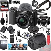 Sony ZV-E10 Mirrorless Camera with 16-50mm Lens ILCZV-E10L/B (Black) Bundle + Extreme Speed 64GB Memory + Accessories