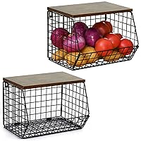 2pcs Fruit Basket Onion Storage Wire Basket with Wood Top- Wall Mounted & Stackable Kitchen Counter Organizer,Cabinet Organizer Bin for Potato,Produce,Bread,Snack Storage(Matte Black)