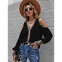 Womens Summer Tops Leopard Print Cold Shoulder Shirred Frill Trim Cuff Blouse (Color : Black, Size : X-Small)