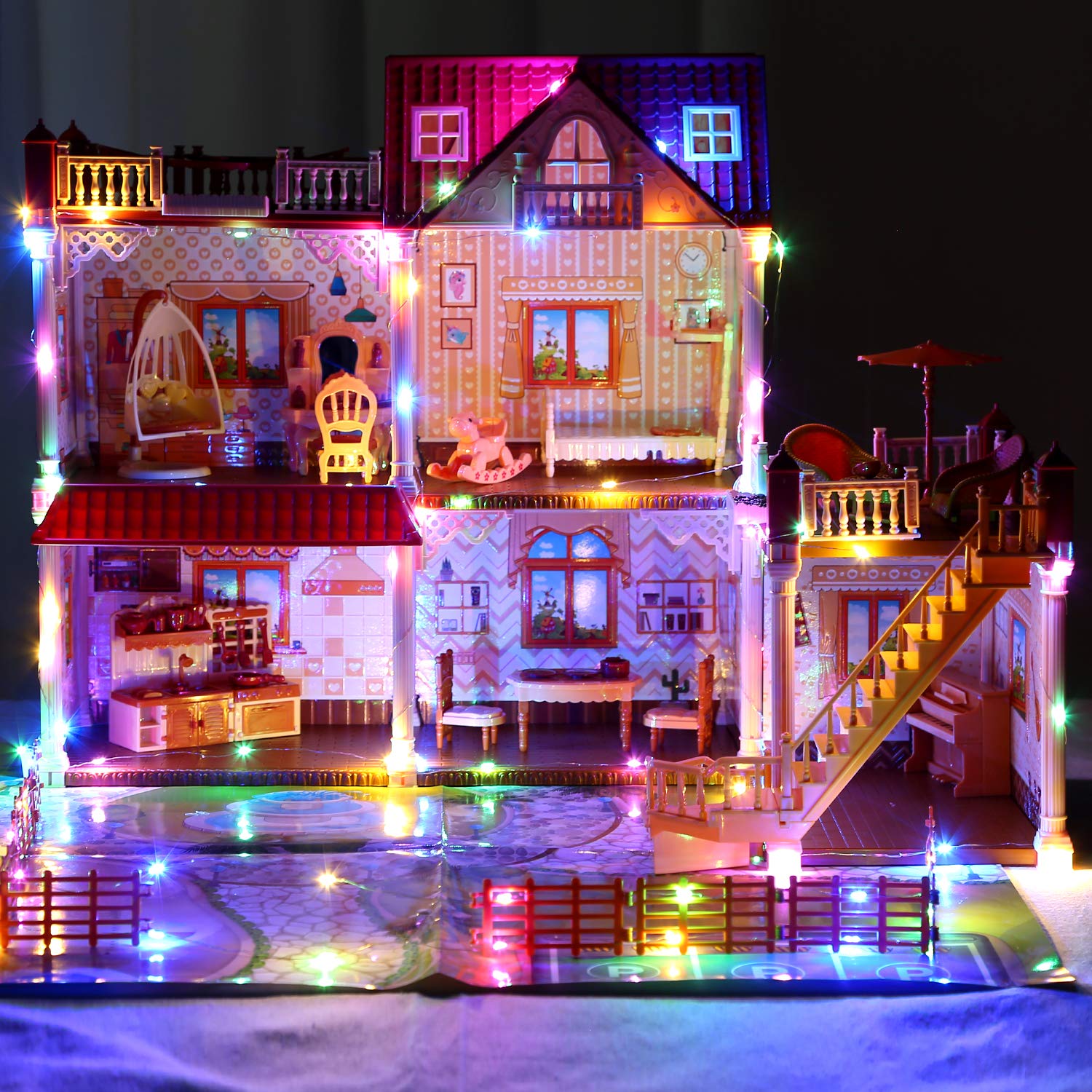 CUTE STONE Huge Dollhouse with 2 Dolls and Colorful Light, 26