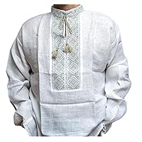 Ukrainian Vyshyvanka Slavic Traditional Hand Embroidered Linen Shirt for Men. White Olive