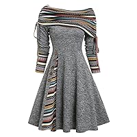 Long Sleeve Midi Dresses for Women Sexy Off Shoulder Elegant West Ethnic Aztec Print A Line Dress for Party Wedding
