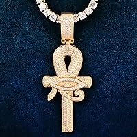 Eye of Horus Ankh Cross Pendant Necklace Chain For Men Cubic Zircon Hip Hop Rock Rapper Style Jewelry 7652G (Gold Color-30inch 5mm Tennis Chain)