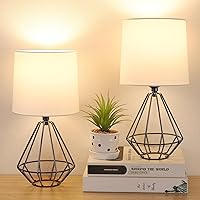GGOYING Set of 2 Bedside Table Lamp, Black Metal Modern Lamp with White Fabric Shade, Simple Side Lamp for Living Room,Bedroom,Home,Office Working