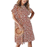 Woolicity Women's Summer Casual Ruffles Dresses Crew Neck Boho Floral Printed Babydoll Loose Flowing Mini T-Shirt Dress