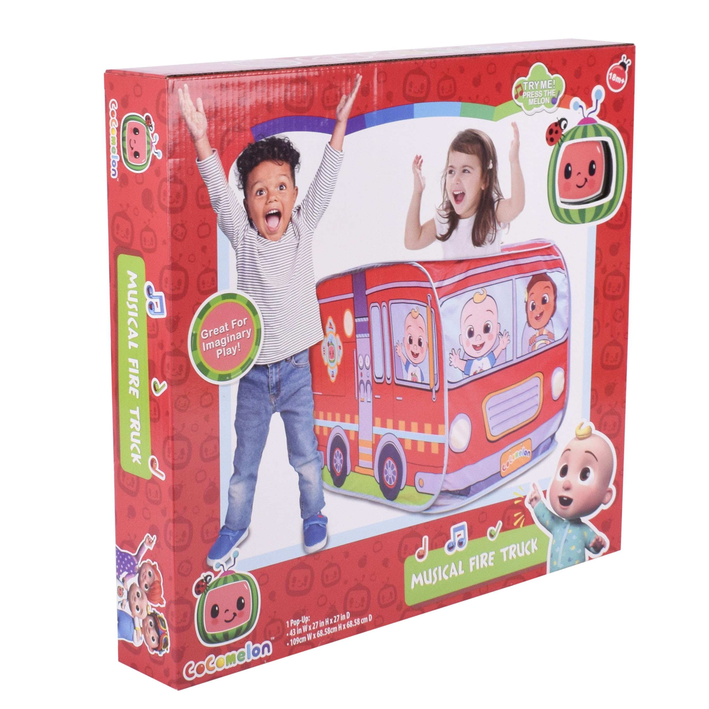 CoComelon Official Musical Firetruck – Pop Up Tent for Toddlers and Kids | Removable Musical Key Fob Plays Fire Drill Song | Red Fire Engine Vehicle Toy – Sunny Days Entertainment