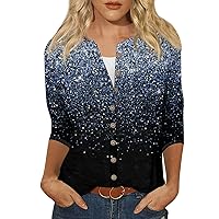 3/4 Sleeve Cardigan Womens Summer Top Button Down Casual Printed Crewneck Shirts Trendy 2024 Tees Blouse