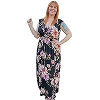 Plus Size Curvy Black Floral Maxi Dress with Ruffled Neckline Built in Liner