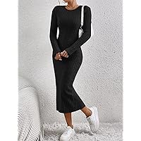 2023 Women's Dresses Solid Ribbed Knit Bodycon Dress Women's Dresses (Color : Black, Size : Medium)
