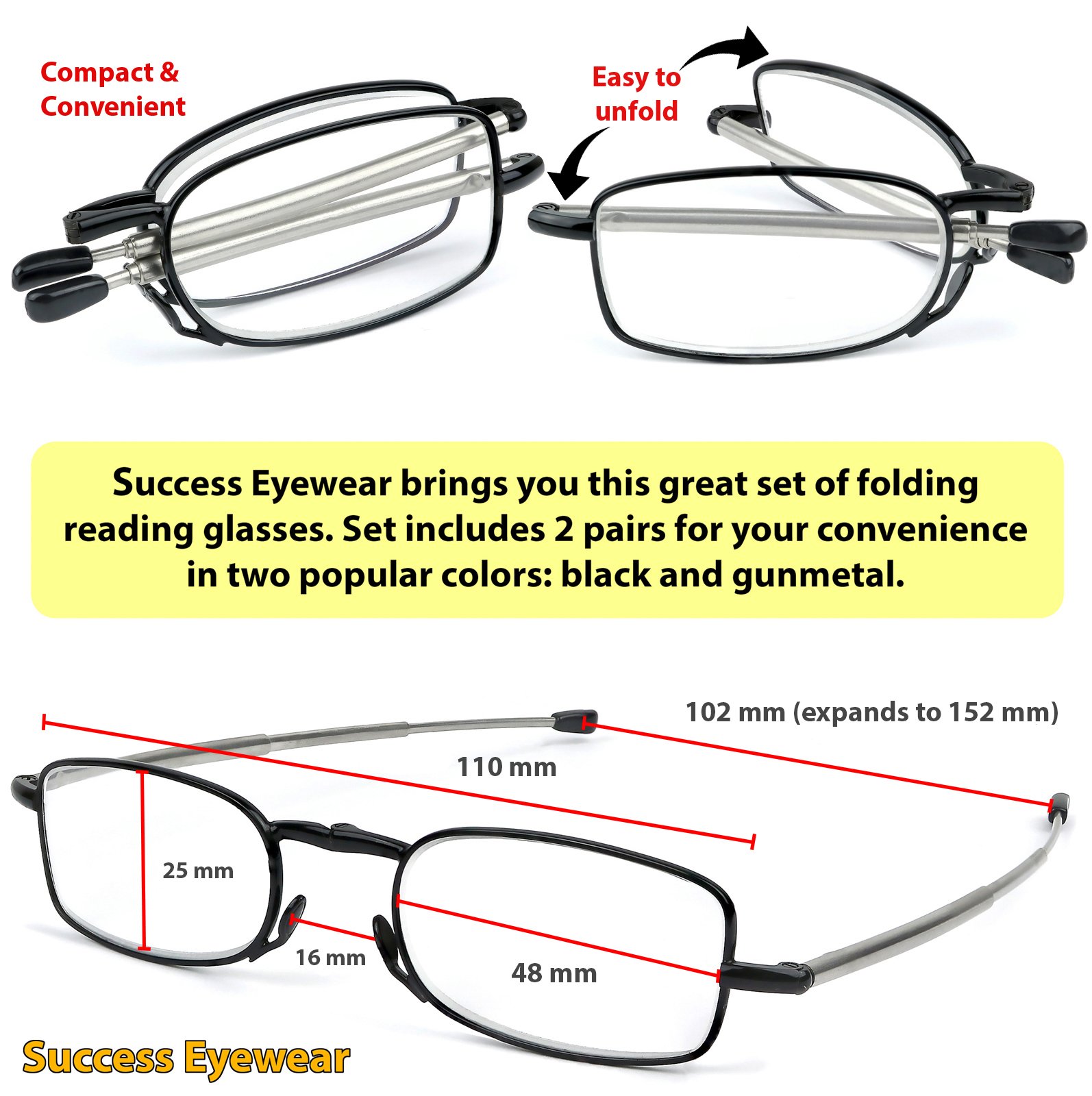 Success Eyewear Reading Glasses 2 Pair Black and Gunmetal Readers Compact Folding Unisex Glasses for Reading Case Included
