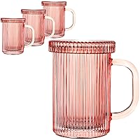 Lysenn Glass Coffee Mugs Set of 4 - Classic Vertical Stripe Tea Mug - Elegant Coffee Cup with Glass Lid for Latte, Espresso - Lovely Gift for Christmas, Anniversary and Birthday - 11 oz Rose Gold