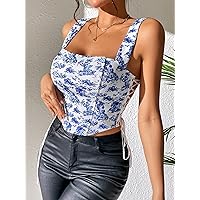 Floral Print Lace Up Side Wide Strap Top (Color : Blue and White, Size : Small)
