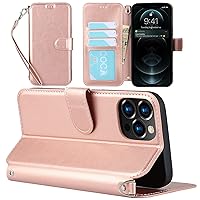 iPhone 12 pro max Wallet Case with Card Holder [RFID Blocking]-with Wrist Strap Lanyard-PU Leather Cover-for Women and Men-iPhone 12 pro max Flip Cell Phone case- Rose Gold